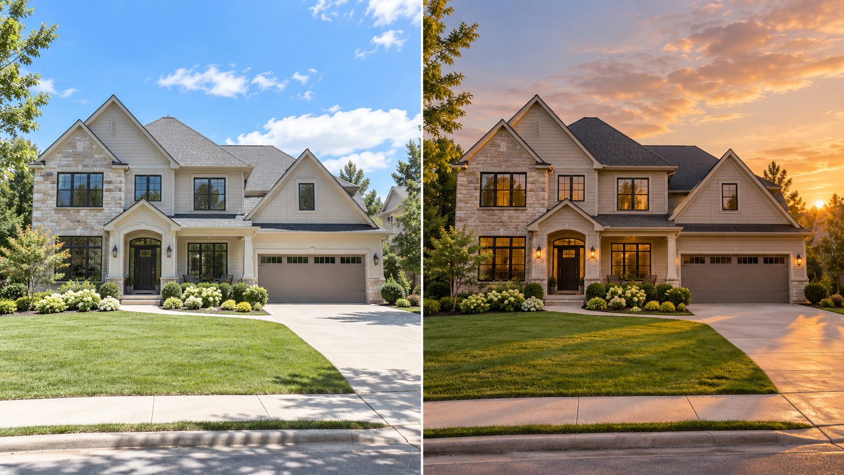 Golden hour vs. midday real estate photography comparison